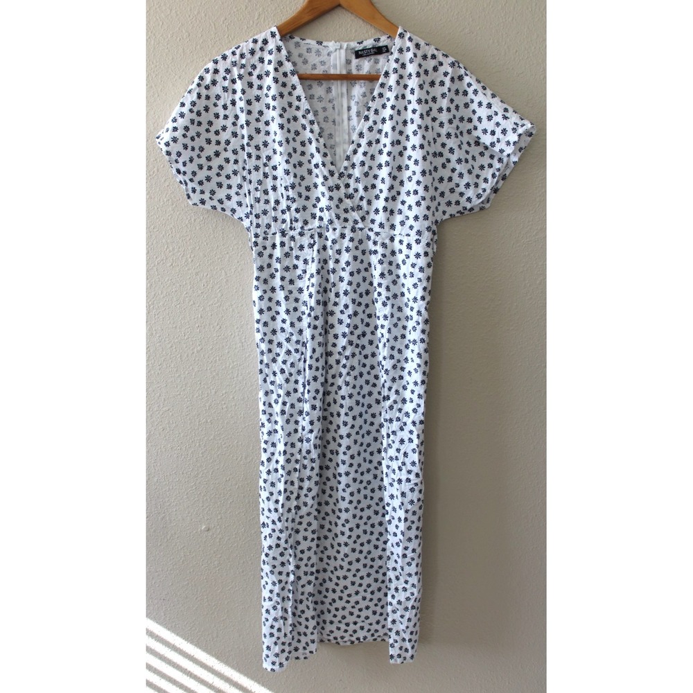 Nasty Gal Womens Blue White Floral Short Sleeve Slit Front Midi Dress 6